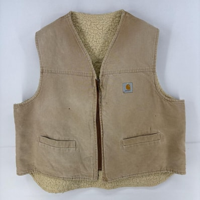 古着 80's/80年代 カーハート Carhartt USA製 ダック ベスト フルジップ 裏ボア ワンポイント ワーク 3XL ベージュ メンズ