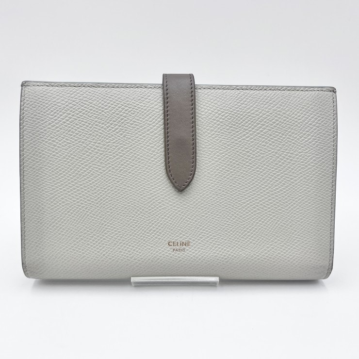 CELINE(セリーヌ)ラージ ストラップウォレット 長財布 バイカラー ホワイト グレー レザー ゴールド金具 レディース U-SD-0240【中古】