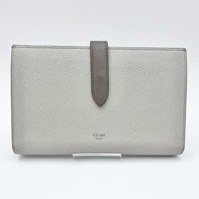 CELINE(セリーヌ)ラージ ストラップウォレット 長財布 バイカラー ホワイト グレー レザー ゴールド金具 レディース U-SD-0240【中古】