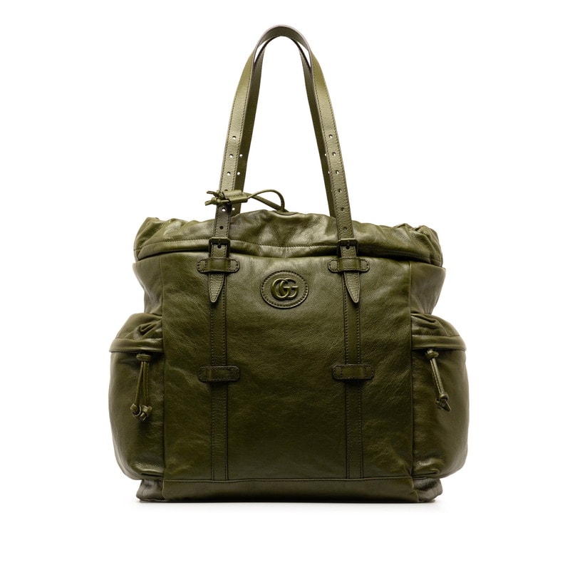구찌 드로우 스트링 토트 더블 G 토트 백 725664 카키 가죽 여성 GUCCI [중고]