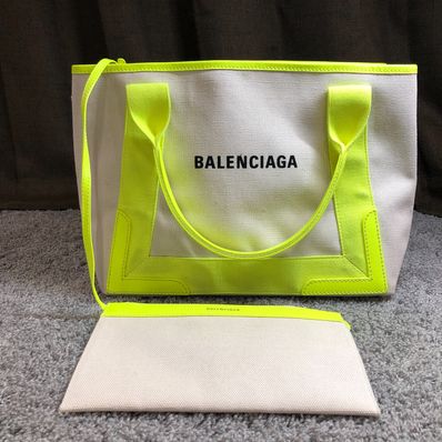 バレンシアガ ネイビーカバーS ベージュ/イエロー キャンバス