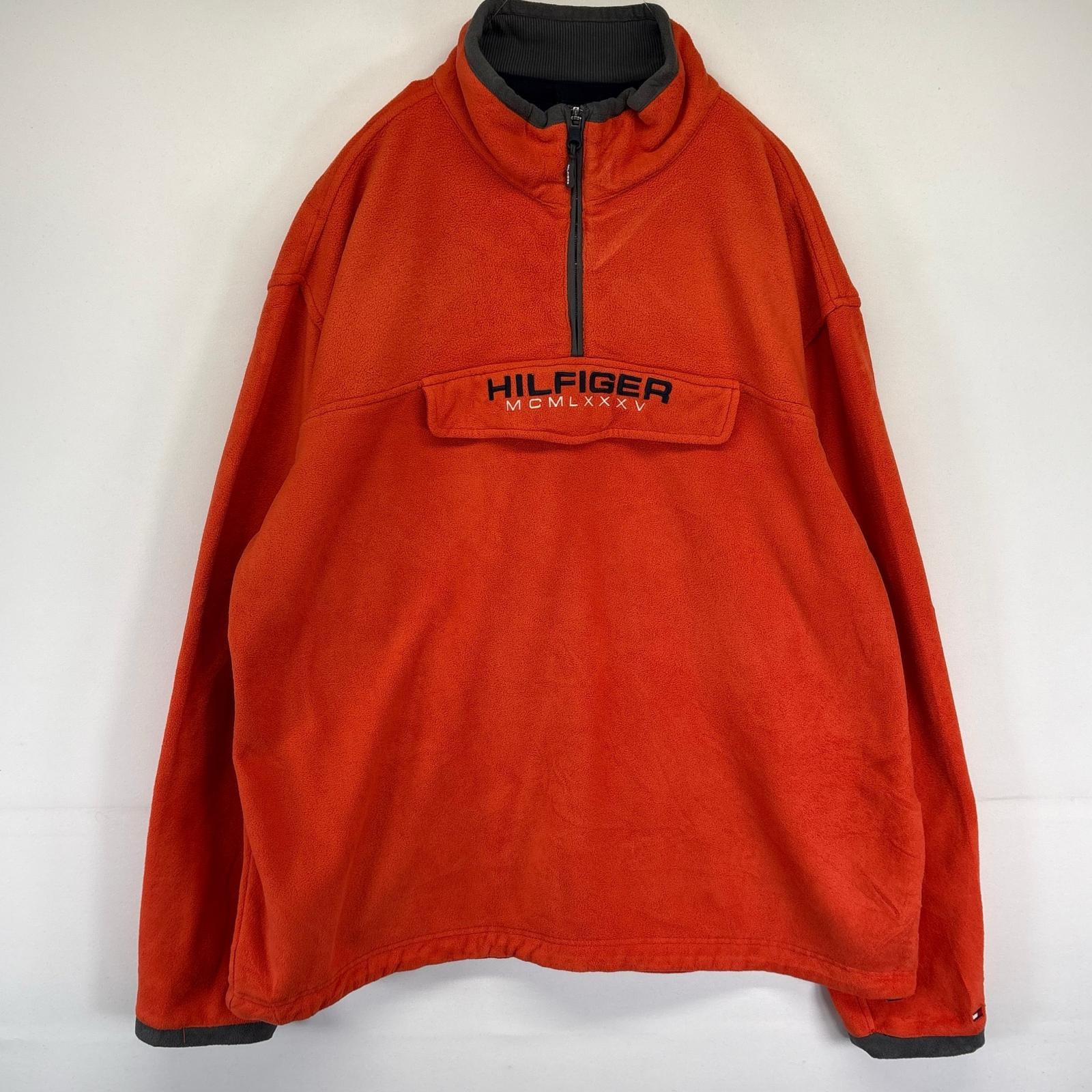古着 トミーヒルフィガー TOMMY HILFIGER ハーフジップフリースジャケット トレーナー ロゴ刺繍 プルオーバー  大きいサイズ 2XL  オレンジ系 メンズ