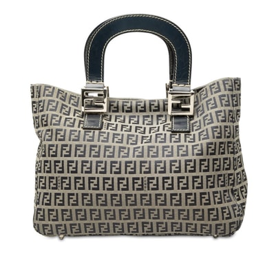 フェンディ ズッキーノ ハンドバッグ ネイビー ベージュ系 キャンバス レザー レディース FENDI 中古