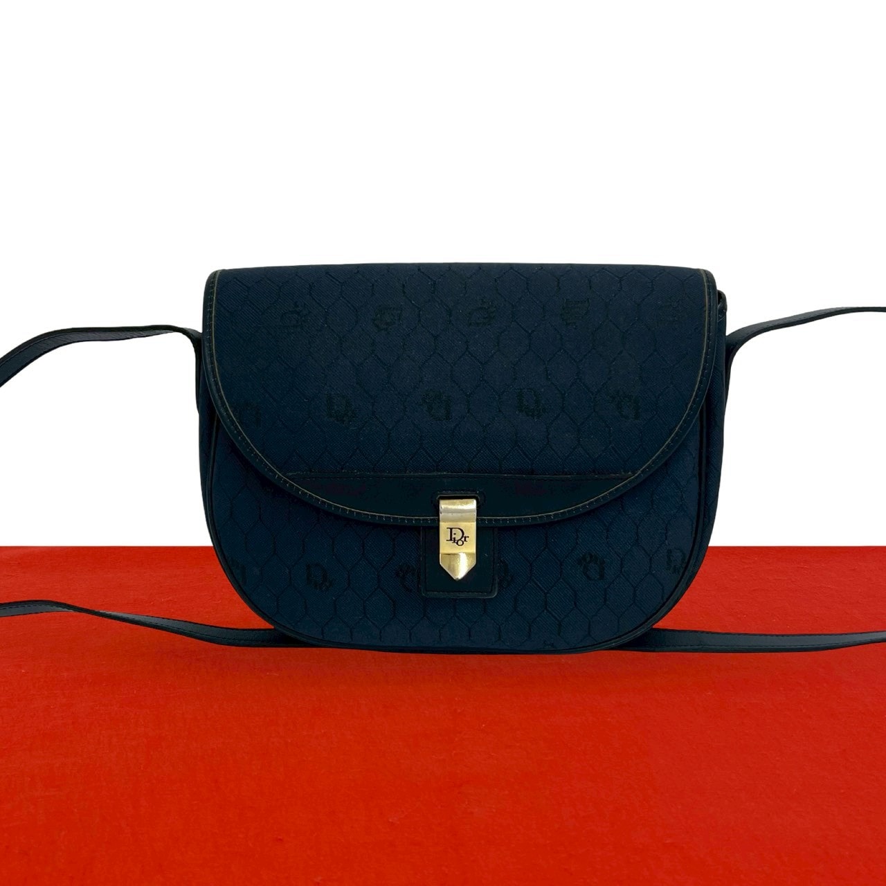 Christian Dior ディオール ハニカム 柄 ロゴ レザー キャンバス ショルダーバッグ ネイビー
 34303