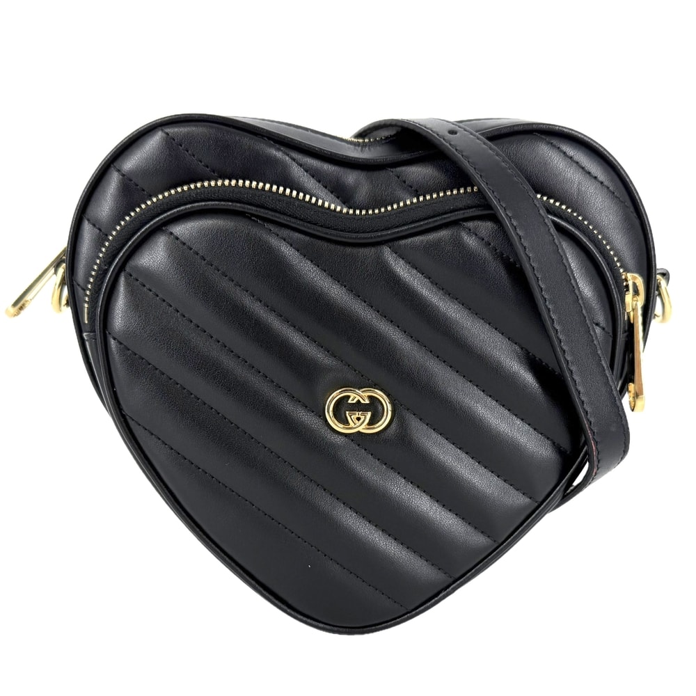 GUCCI グッチ ショルダーバッグ インターロッキングG ハート キルティング 肩掛け 斜め掛け 751628  レザー   ブラック 黒 ゴールド金具 レディース【中古品】