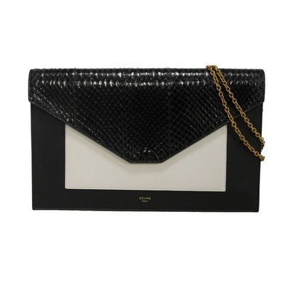 CELINE セリーヌ チェーン クロスボディ スムース ラムスキン スネーク ホワイト バイカラー ゴールド 2WAY クラッチバッグ 旧ロゴ 箔押し ブラック ショルダーバッグ 105204