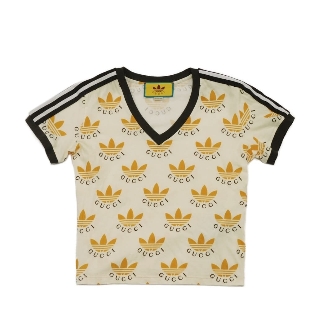 GUCCI グッチ トレフォイル ロゴ プリント Vネック XS 160/84Y ストライプ ブラウン 22SS アディダス クリーム 半袖Tシャツ 693539 XJEBY 9039
