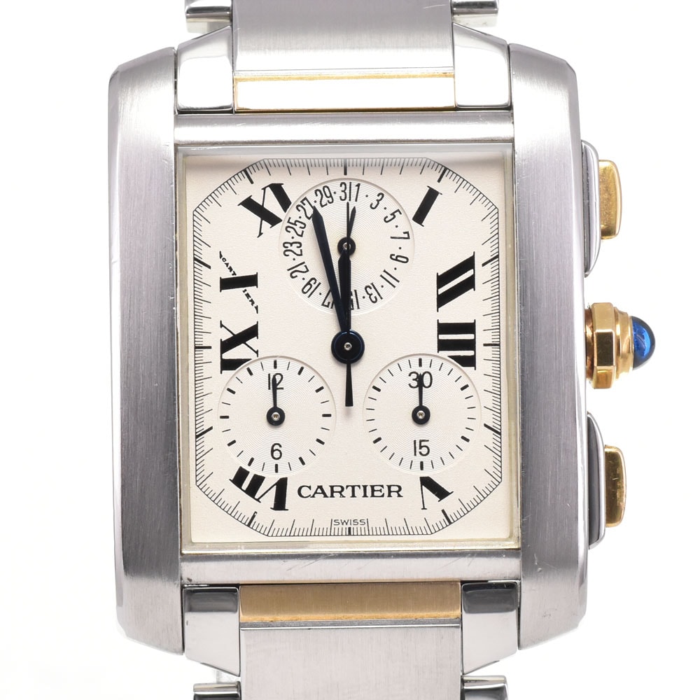 値下 カルティエ CARTIER W51004Q4 タンクフランセーズLM デイト アイボリー クォーツ メンズ 良品 腕時計 G#147289
