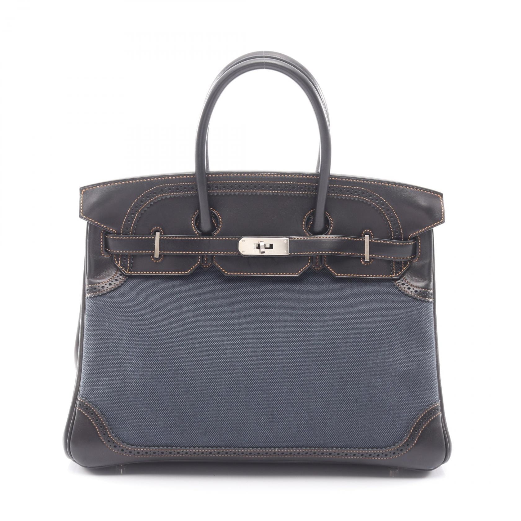 エルメス HERMES バーキン35 ギリーズ ハンドバッグ バッグ キャンバス レザー トワルアッシュ / エヴァーカーフ トワルアッシュ デニムフォンセ □P刻印(2012年製造) レディース ネイビー系 / ブラック系 【中古】