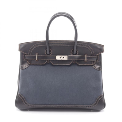 エルメス HERMES バーキン35 ギリーズ ハンドバッグ バッグ キャンバス レザー トワルアッシュ / エヴァーカーフ トワルアッシュ デニムフォンセ □P刻印(2012年製造) レディース ネイビー系 / ブラック系 【中古】