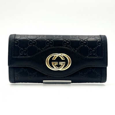 GUCCI(グッチ)インターロッキングG GGエンボス 長財布 ブラック レザー ゴールド金具 フラップウォレット レディース【中古】