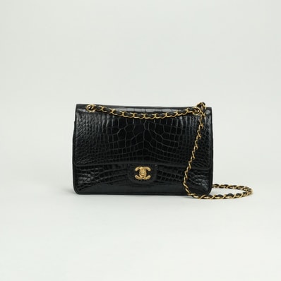 シャネル CHANEL マトラッセ25 ダブルフラップ Wフラップ ダブルチェーン Wチェーン バッグ ショルダーバッグ クロコダイル ブラック Black 黒 ゴールド金具