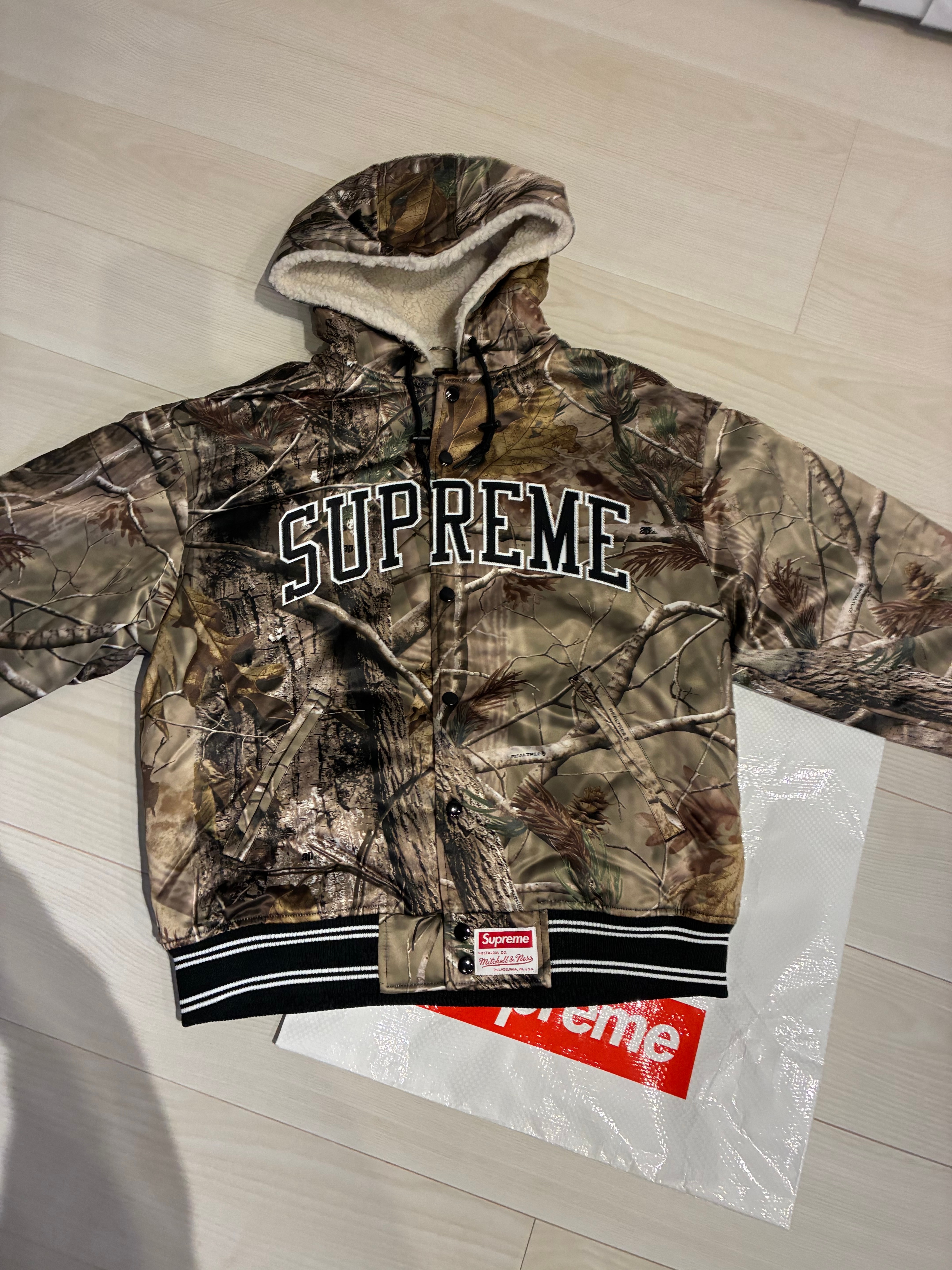 Supreme x Mitchell & Ness Lined Hooded Satin Varsity Jacket 