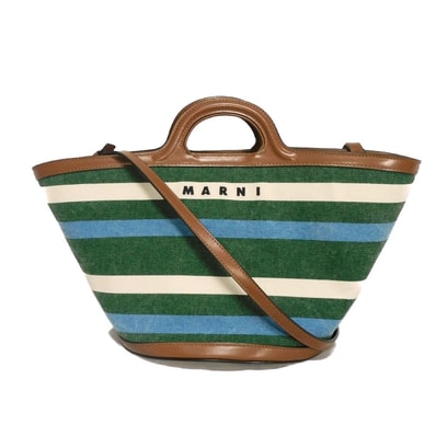 MARNI マルニ トロピカリア スモール バスケットバッグ コットン カーフ ブラウン ボーダー トリコロールカラー マルチカラー かご 2WAY ショルダーバッグ ロゴ エンブロイダリー グリーン ハンドバッグ BMMP0097Q0 P4814 Z2Q00