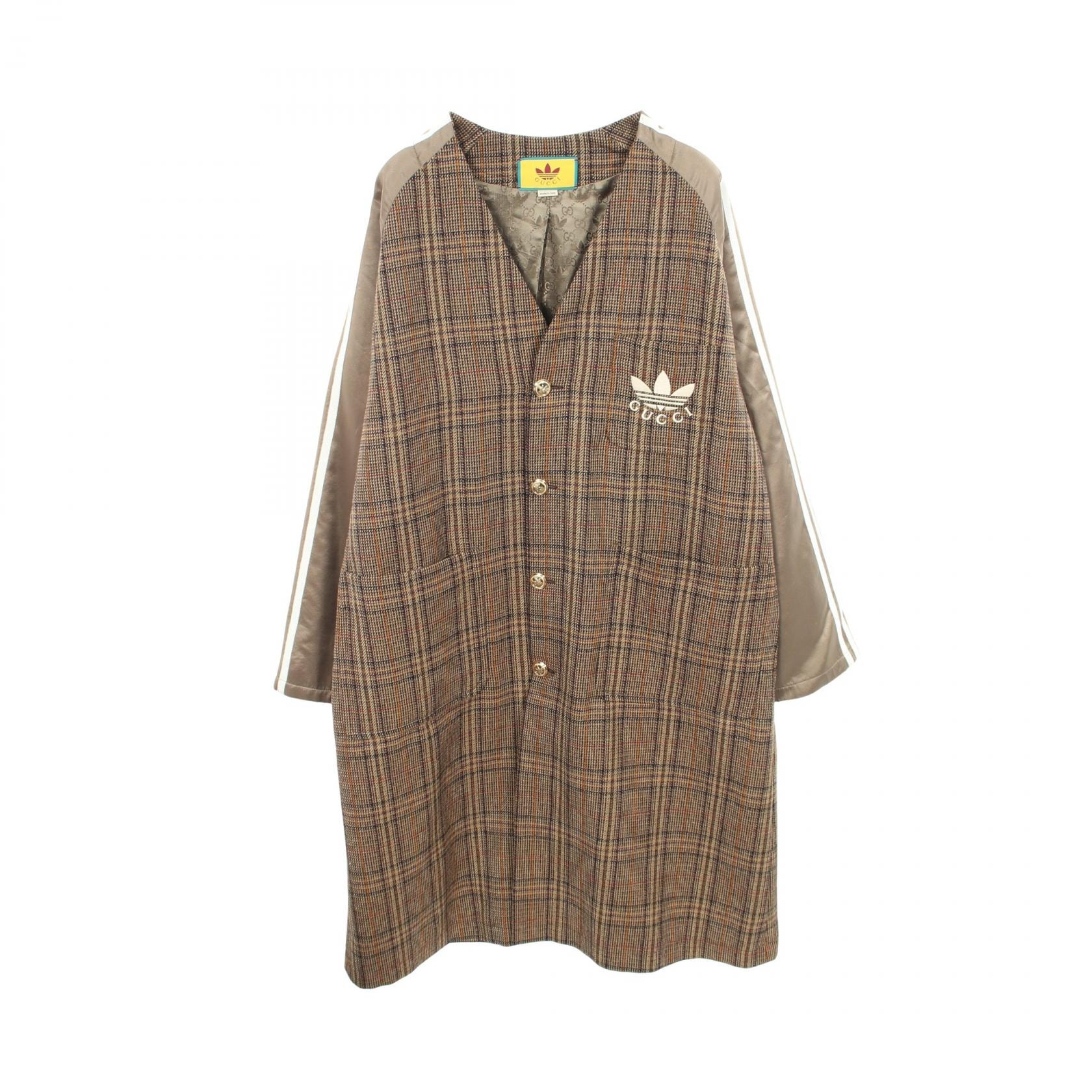 グッチ GUCCI GUCCI × adidas チェック 切替 ノーカラー 衣料品 アウター ウール レーヨン メンズ ブラウン系 710398 【中古】