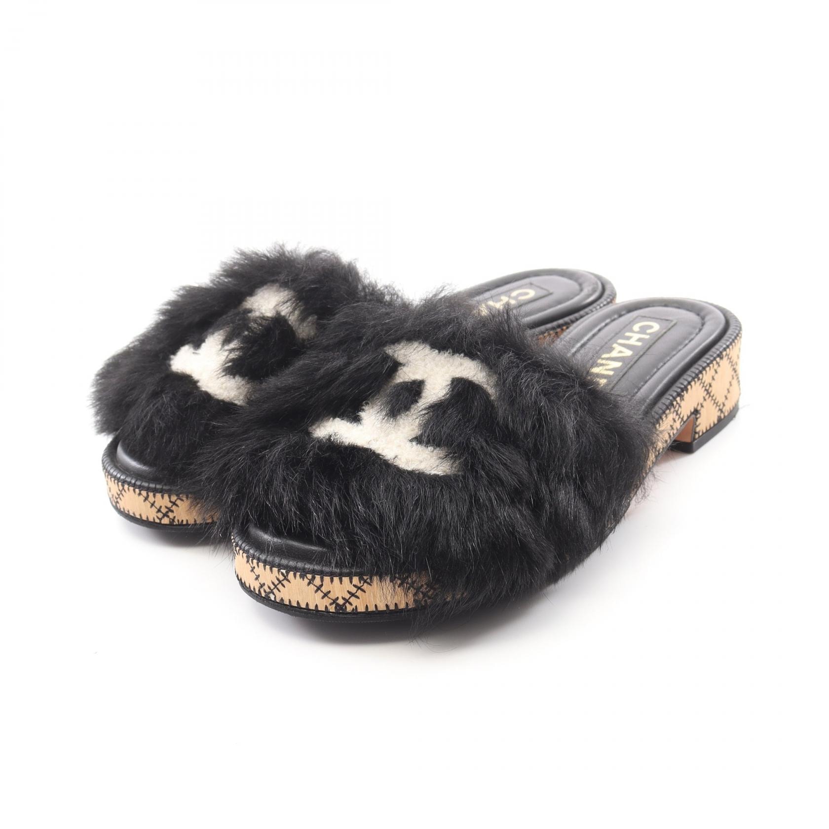 シャネル CHANEL ココマーク サンダル 靴 レザー ファー レディース ブラック系 / ホワイト系 【中古】