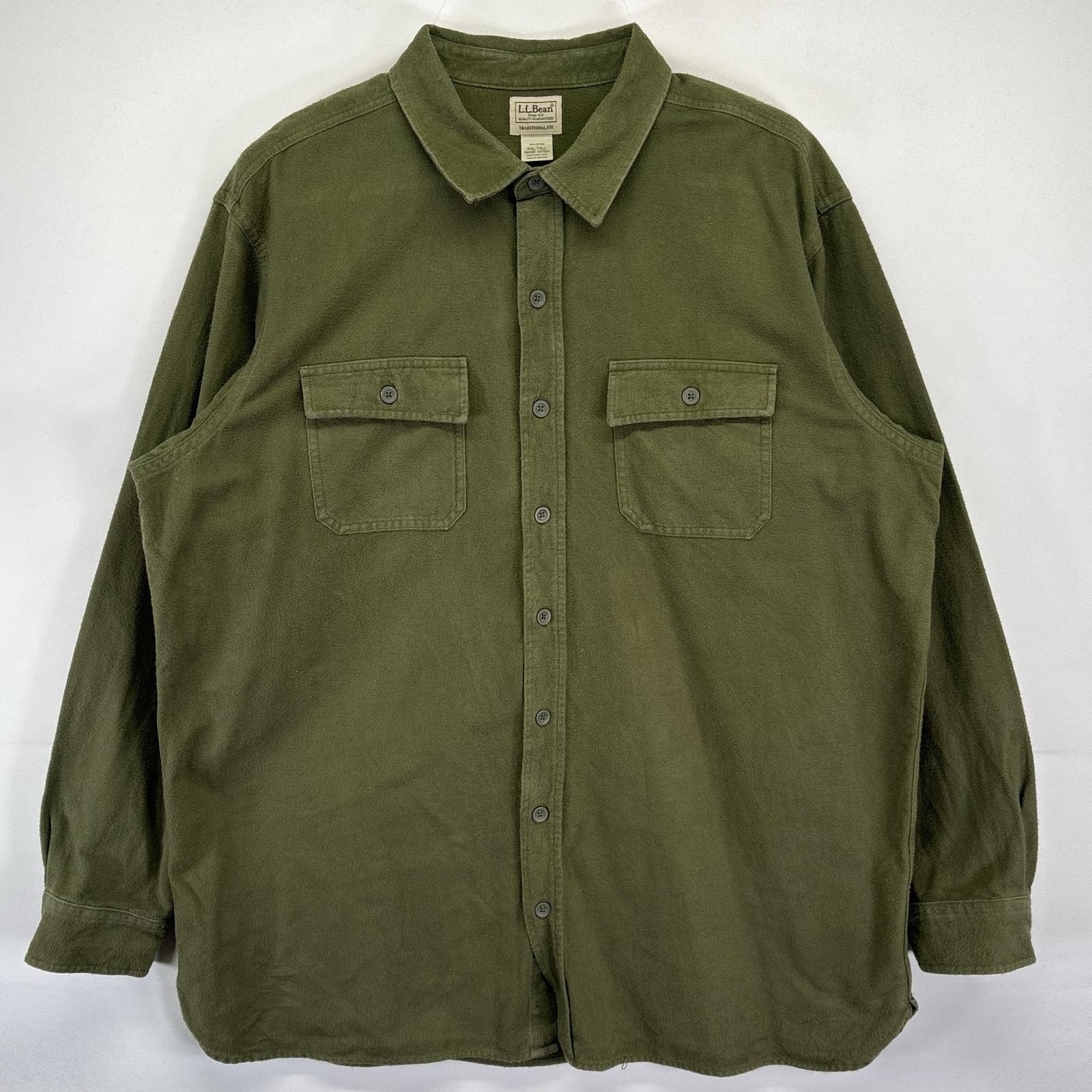 古着 エルエルビーン L.L.Bean 長袖シャツ シャモアシャツ 無地 ネルシャツ アウトドア 胸ポケット 大きいサイズ 2XL  グリーン系 メンズ