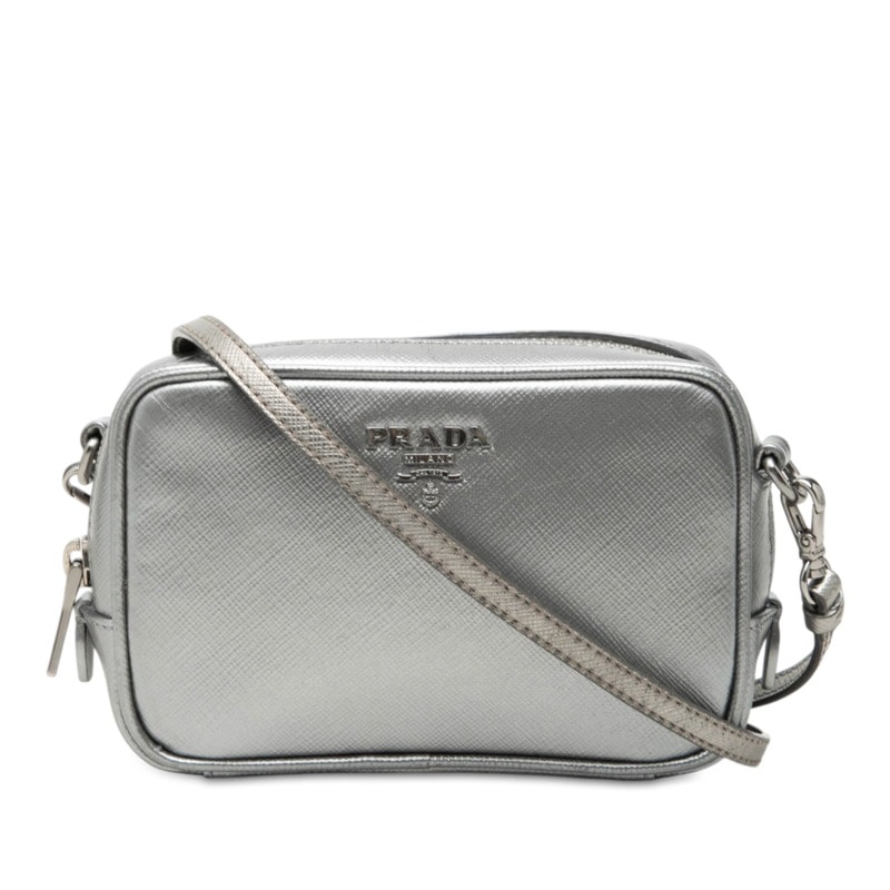 プラダ ロゴ 斜めかけ ショルダーバッグ カメラバッグ シルバー サフィアーノレザー レディース PRADA 【中古】