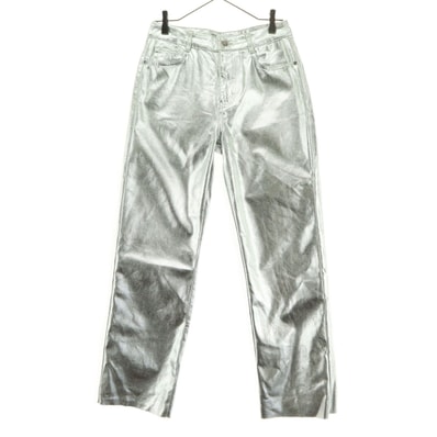 美品 ZARA ザラ シャイニー 裾カットオフ ロング ストレートパンツ EUR38 シルバー