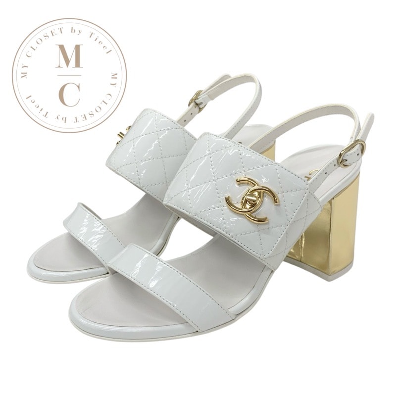 シャネル CHANEL サンダル 靴 シューズ パテント ホワイト ゴールド マトラッセ ココマーク ターンロック ストラップ
