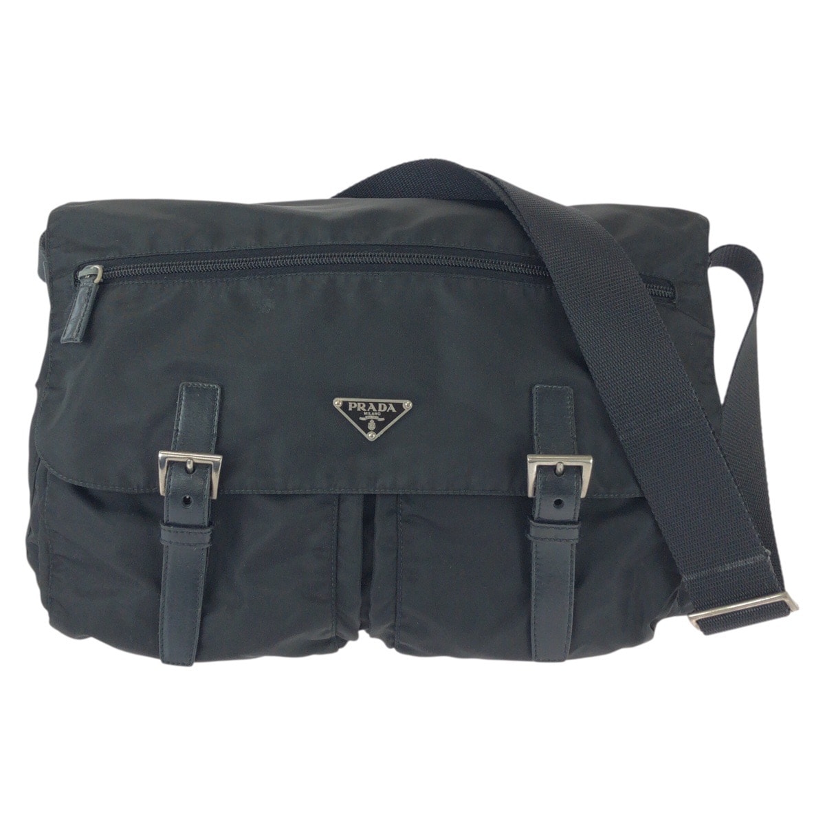 PRADA プラダ テスート 三角ロゴプレート ブラック 黒 シルバー金具 ナイロン レザー/ ショルダーバッグ メッセンジャーバッグ 603377 【中古】