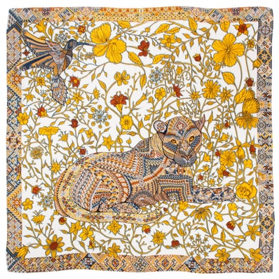 HERMES エルメス スカーフ カレ140 Le Jaguar et Le Colibri ジャガーとハチドリ 243919S 09 ストール ショール カシミヤ・シルク ホワイト マルチカラー【中古】