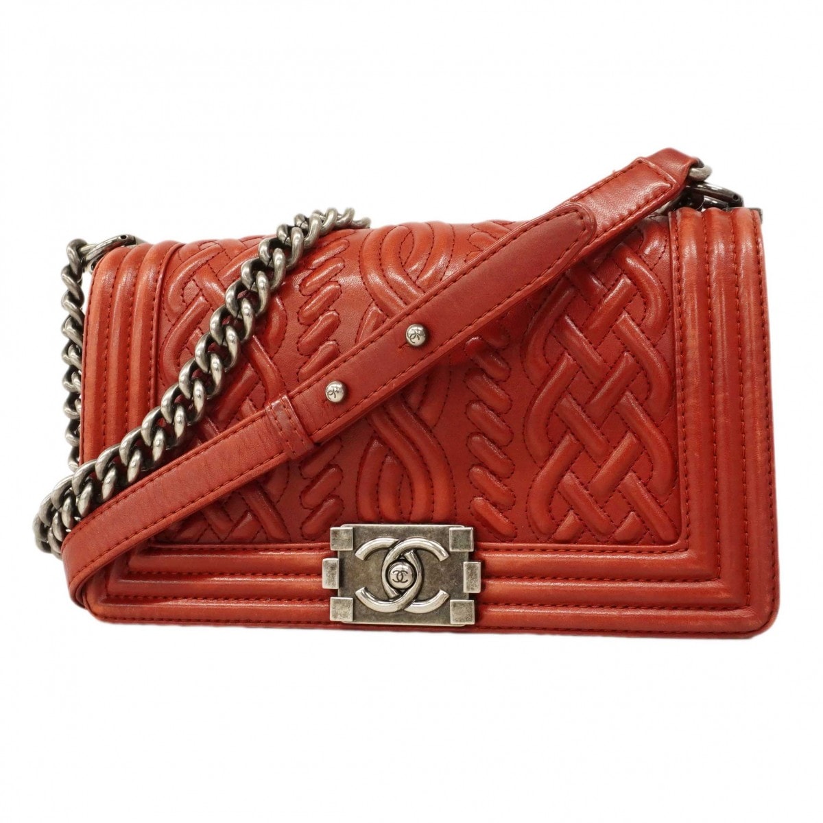 【6dc3106-k】シャネル ショルダーバッグ ボーイシャネル チェーンショルダー ラムスキン レッド シルバー金具【中古】レディース