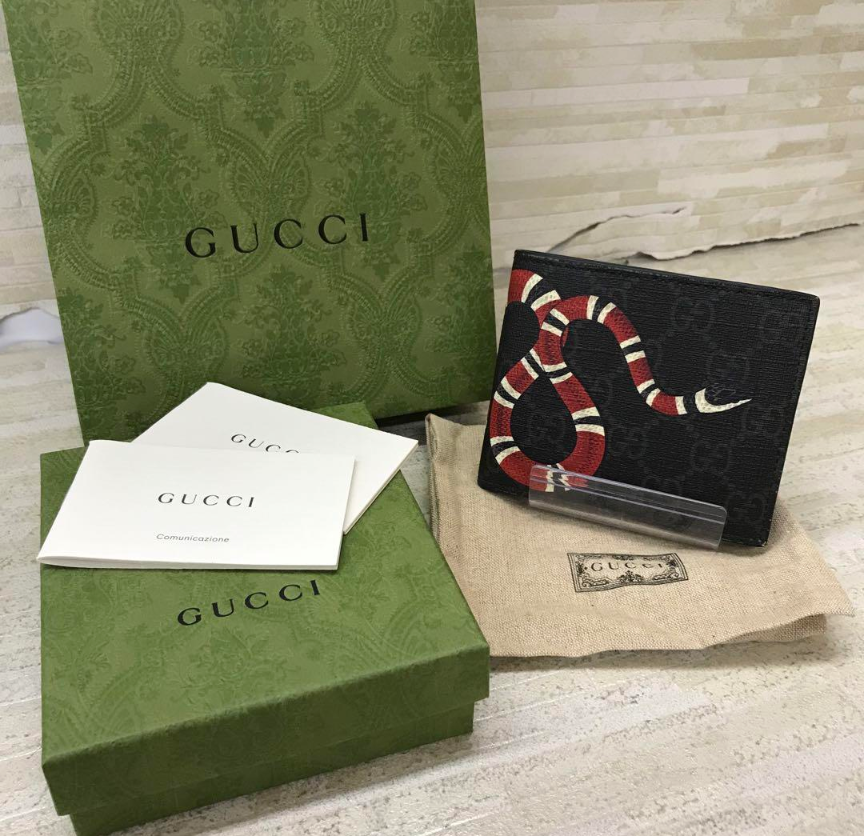 GUCCI Kingsnake Print GG Supreme Coin Wallet "Black"