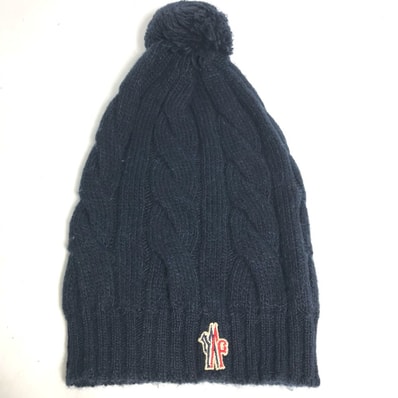 モンクレール MONCLER ポンポン ロゴ ビーニー 帽子 ニット帽 ニットキャップ ニット帽 ウール ネイビー