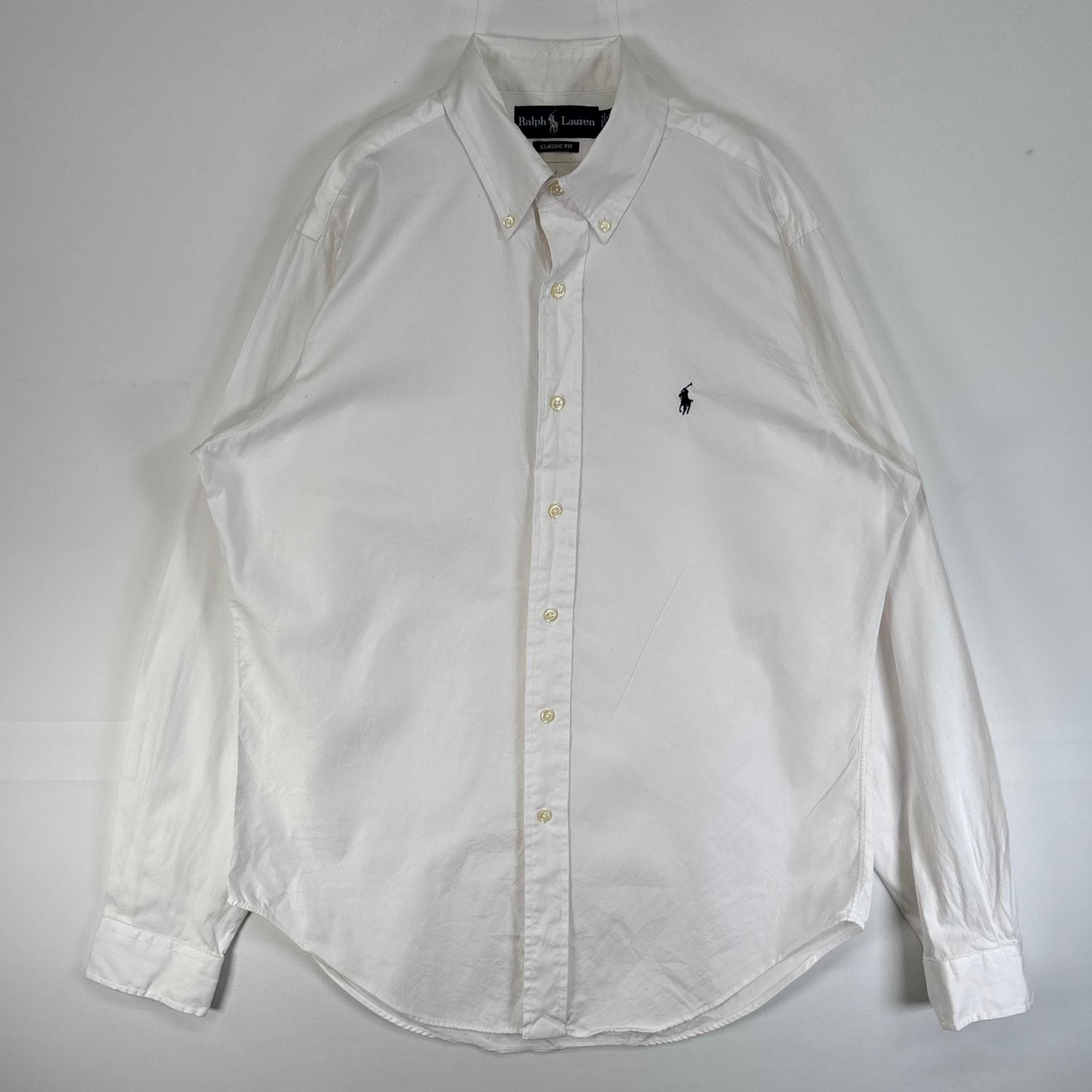 古着 ラルフローレン RALPH LAUREN 長袖シャツ ロゴ 刺繍 ボタンダウン クラシックフィット M  ホワイト 無地 メンズ