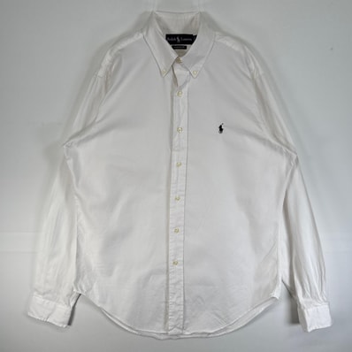 古着 ラルフローレン RALPH LAUREN 長袖シャツ ロゴ 刺繍 ボタンダウン クラシックフィット M ホワイト 無地 メンズ