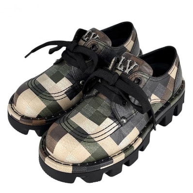 LOUIS VUITTON ルイヴィトン ローファー LVチェッカー ダモフラージュ 靴 LV Checker combat boot 約25cm 6サイズ グリーン PVCコーティングキャンバス レザー カモフラ ブラック 黒 メンズ 美品【中古品】
