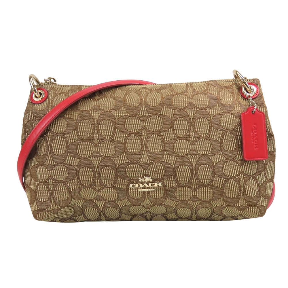 【中古】 コーチ ショルダーバッグ F55663 シグネチャー キャンバス レザー ベージュ レッド 斜め掛け レディース 女性 COACH
