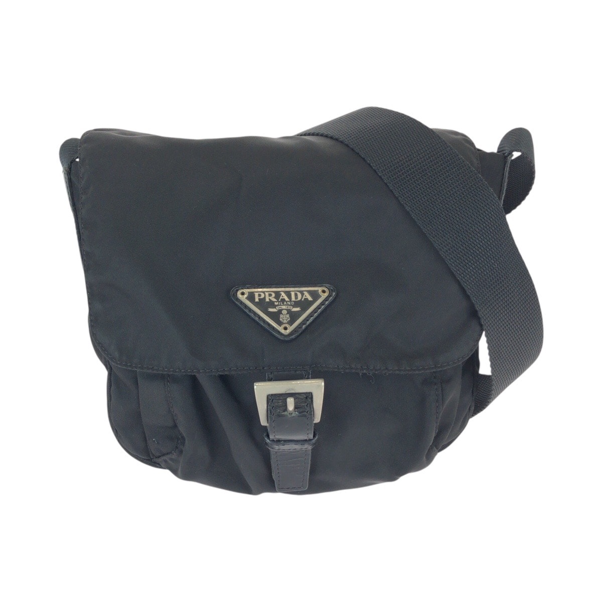 美品 PRADA プラダ テスート 三角ロゴプレート ブラック 黒 シルバー金具 ナイロン レザー/ ショルダーバッグ ポシェット 601116 【中古】