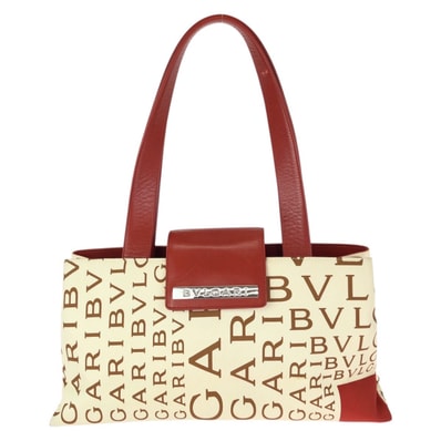 美品 BVLGARI ブルガリ ロゴマニア レッド アイボリー シルバー金具 キャンバス レザー/ トートバッグ ショルダーバッグ 602778 【中古】