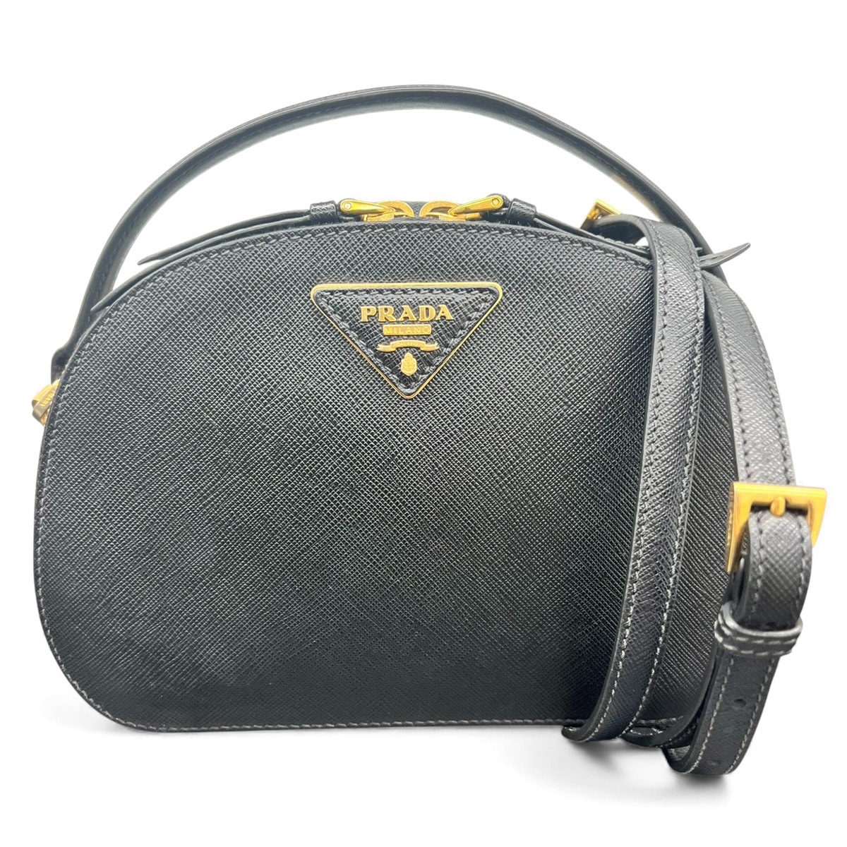 PRADA 美品 プラダ オデット 2way ハンドバッグ ショルダーバッグ サフィアーノレザー 1BH123 レザー ブラック トライアングルロゴ 三角プレート クロスボディ ポシェット ミニバッグ ABランク 鑑定済 中古 プラダバッグ