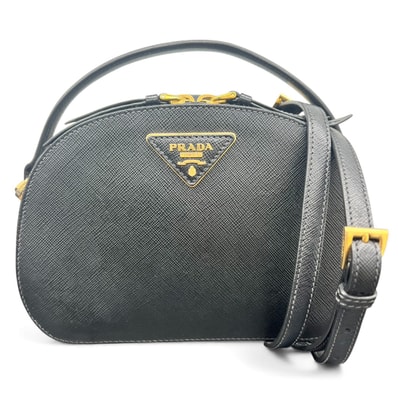 PRADA 美品 プラダ オデット 2way ハンドバッグ ショルダーバッグ サフィアーノレザー 1BH123 レザー ブラック トライアングルロゴ 三角プレート クロスボディ ポシェット ミニバッグ ABランク 鑑定済 中古 プラダバッグ