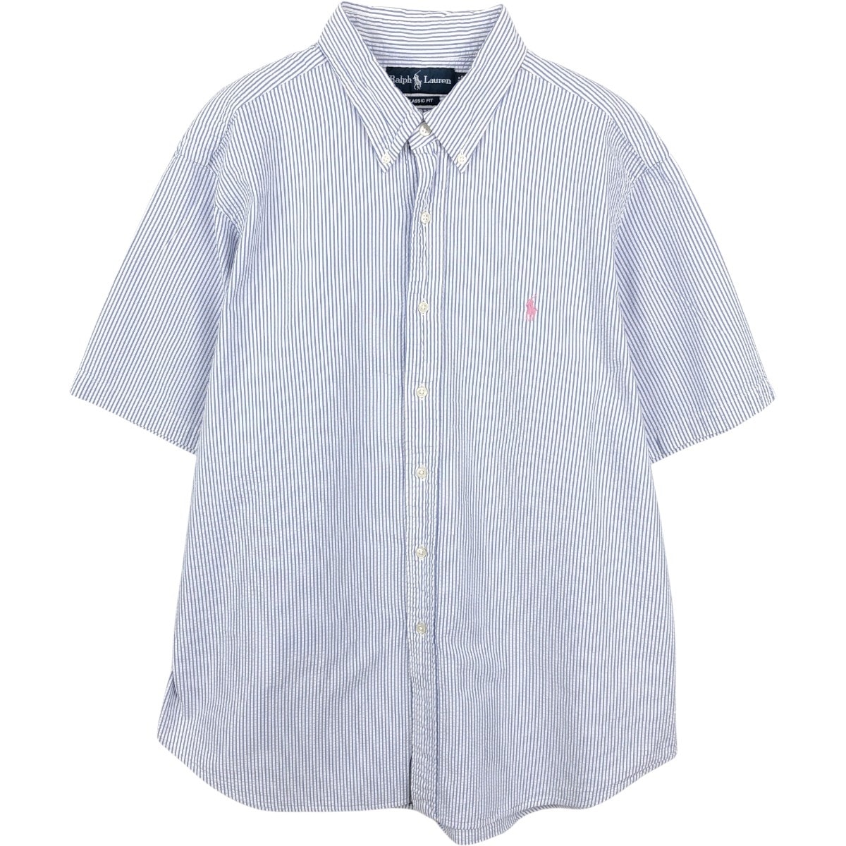 古着 ラルフローレン Ralph Lauren CLASSIC FIT クラシックフィット シアサッカー 半袖 ボタンダウン ストライプシャツ メンズXL相当/eaa665076