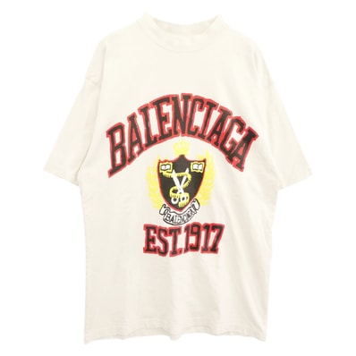 BALENCIAGA バレンシアガ Tシャツ 23SS 739784 TOVK1 ミディアムフィット カレッジロゴ プリント ダメージ加工 半袖 Tシャツ カットソー ホワイト系 XXS【中古】