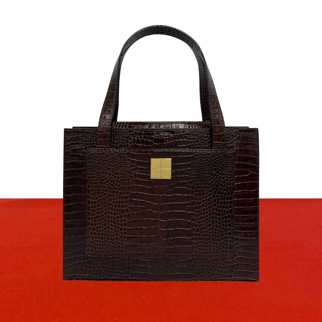 YVES SAINT LAURENT イヴ・サンローラン YSL ロゴ 金具 クロコ 型押し レザー ハンドバッグ ブラウン
 42337
