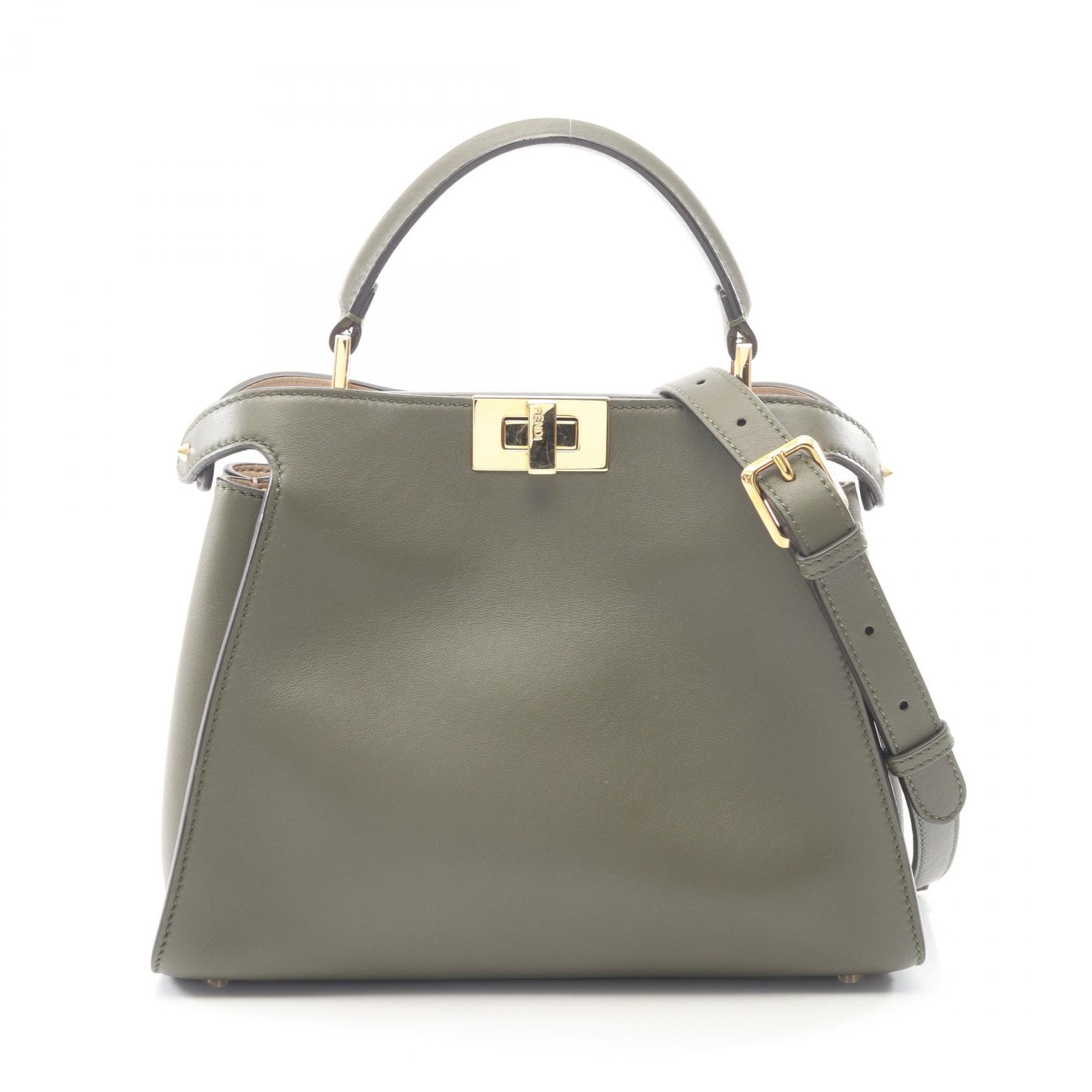 フェンディ FENDI ピーカブー エッセンシャリー 2WAY ハンドバッグ バッグ レザー レディース カーキ系 8BN302 【中古】