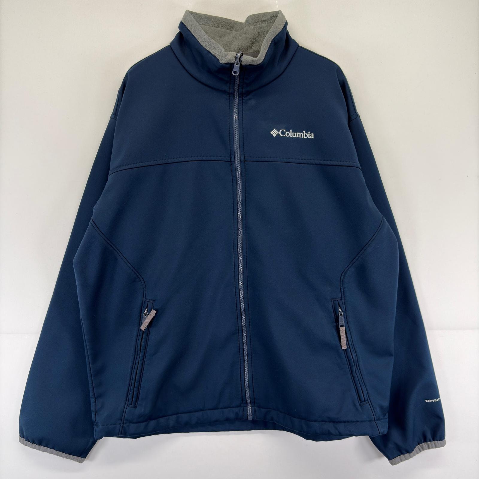 古着 コロンビア Columbia ジャケット ワンポイント刺繍ロゴ フルジップ フリース オムニシールド シェルジャケット L  ネイビー メンズ