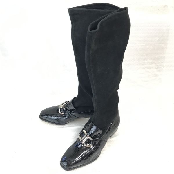Ferragamo/フェラガモ★注目デザイン!ビットモカシン型 ロングブーツ【4.5/22.0/黒/BLACK】ローファー/rare/boots/Shoes◆bWB102-5
