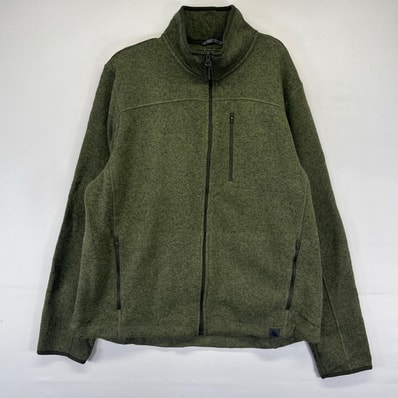 古着 エルエルビーン L.L.Bean ニット フルジップ 胸ポケット 裏起毛 ベターセータータイプ XL グリーン系 無地 メンズ