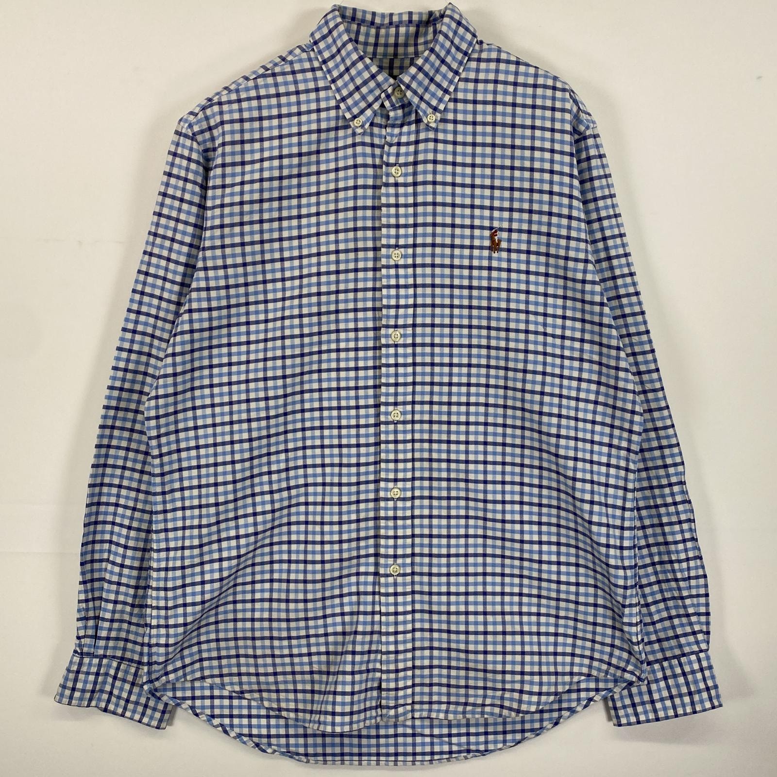 古着 ラルフローレン RALPH LAUREN 長袖シャツ ボタンダウン ワンポイントロゴ刺繍 M  ブルー系 チェック メンズ