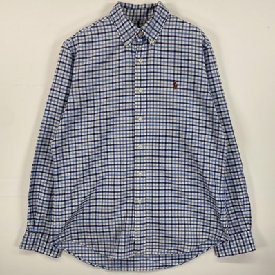 古着 ラルフローレン RALPH LAUREN 長袖シャツ ボタンダウン ワンポイントロゴ刺繍 M ブルー系 チェック メンズ
