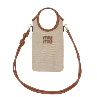 Miu Miu ミュウミュウ ショルダーバッグ スマートフォンケース キャンバス ベージュ/ブランデー コットン/レザー ゴールド金具 5ZT080 新品同様【中古】