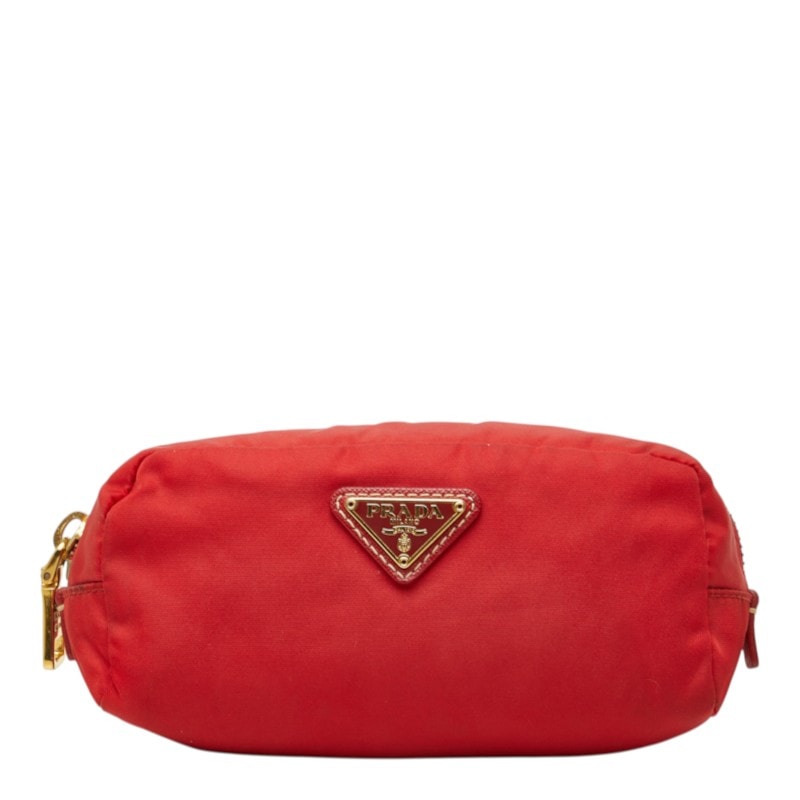 プラダ 三角ロゴプレート ポーチ レッド ナイロン レザー レディース PRADA 中古