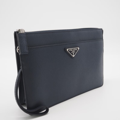 美品 PRADA プラダ レザー サフィアーノレザー ポーチ 2VF032 ポーチ ネイビー サフィアーノ メンズ