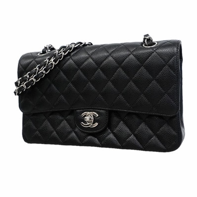 【6ib2639】シャネル ショルダーバッグ マトラッセ Wフラップ Wチェーン キャビアスキン ブラック シルバー金具【中古】レディース